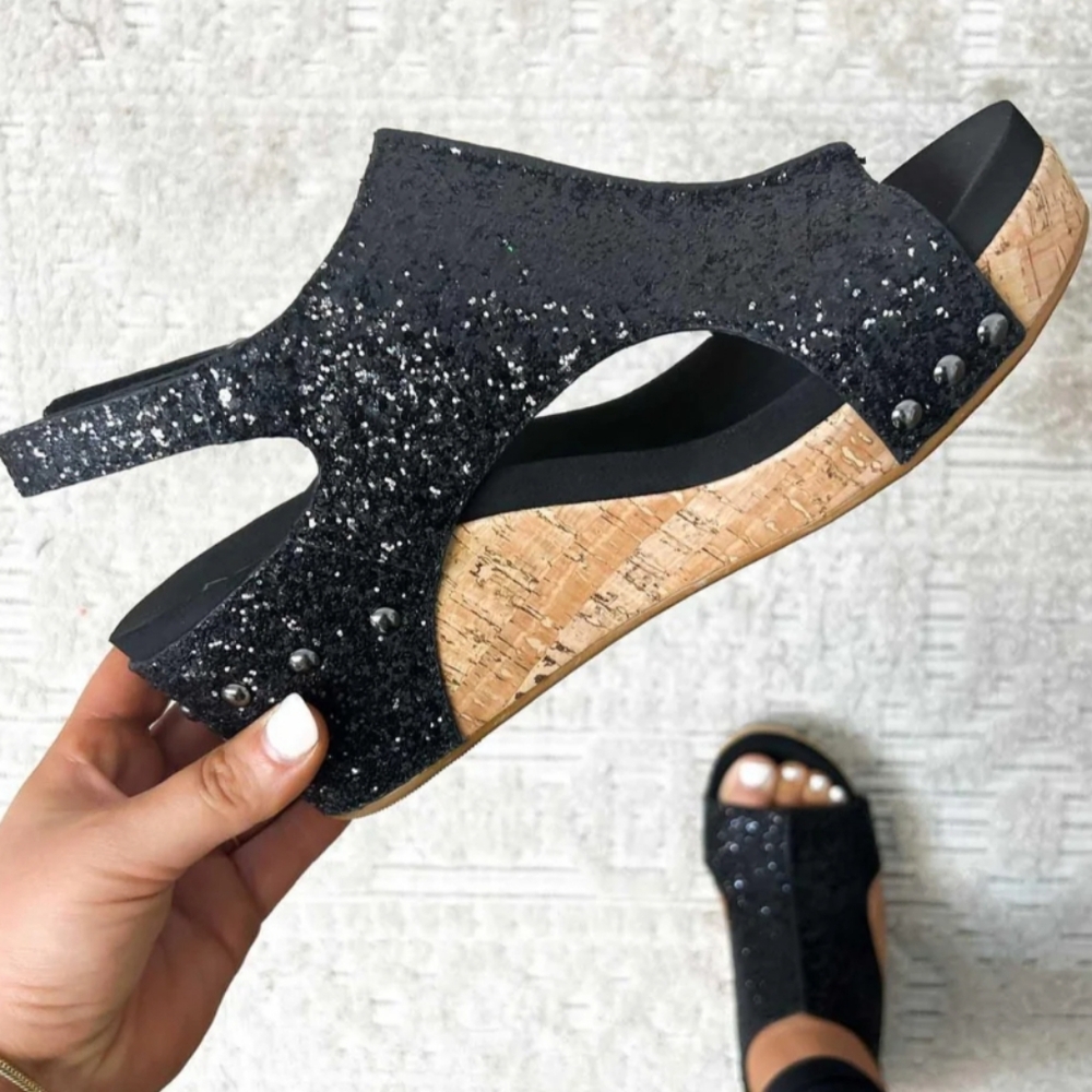 Black Glitter Wedge Sandals Size 8.5